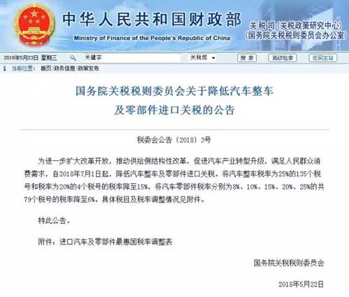 7月1日起，进口汽车关税将降低至15%！